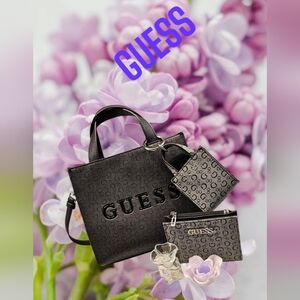 Nwt Guess Gelber Limited Mini Tote Bag in Black Multi w/wallet, mini pouch